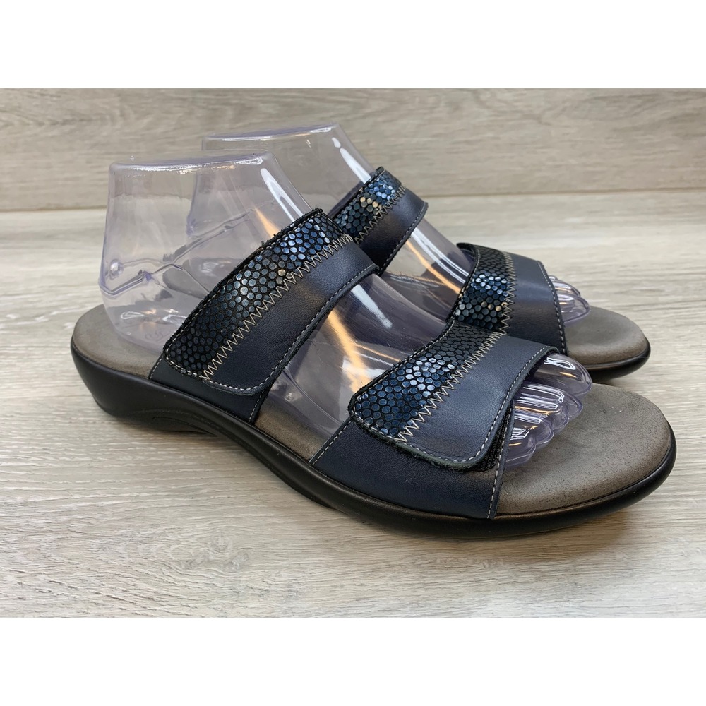 SAS Navy Blue Leather Metallic Scale Slide Sandals Women's 9.5 N Made in USA